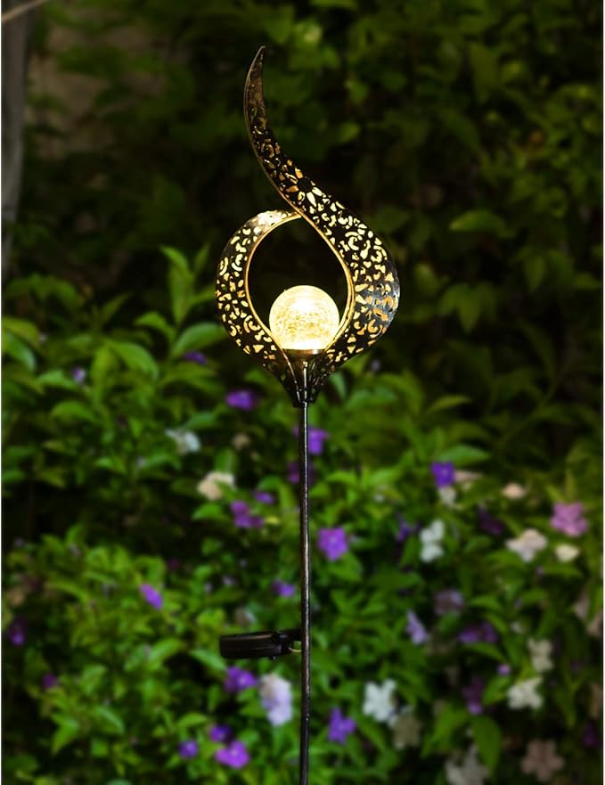 Outdoor Garden Gifts Solar Lights Stake Waterproof, Mothers Day Gifts Mom, Crackle Glass Metal Flower LED Yard Art Ornaments Lights for Pathway, Lawn or Courtyard, Birthday Gifts Women (Bronze) Homeimpro