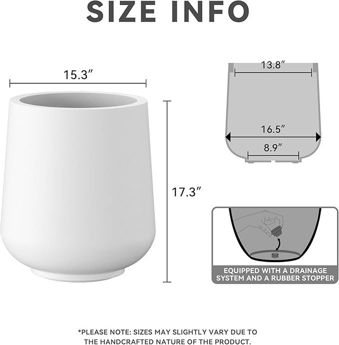 Kante 15.3" Dia Round Concrete Planter, Outdoor Indoor Large Plant Pots Containers with Drainage Hole and Rubber Plug for Home Garden Patio, Snow White Kante
