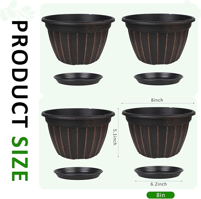 FGstyle 4 Pack Flower Pots,8 Inch Plants Pot,Planters Pot with Drainage Hole & Saucer,Modern Planters for Indoor Outdoor Plants,Decorative Resin Garden Pots for Outdoor Indoor Home Plants (Black) FGstyle