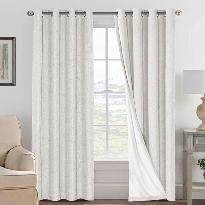 H.VERSAILTEX 100% Blackout Curtains Ivory, Linen Blackout Curtains 96 inch Curtains 2 Panel Set, Elegant Curtain for Bedroom Grommet Drapes Window Curtains Living Room Drapes HVERSAILTEX