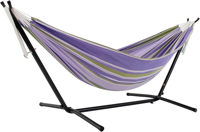 Vivere Double Cotton Hammock with Space Saving Steel Stand, Upgraded Polyester End Strings 450 lb Capacity - Premium Carry Bag Included - USA Grown Cotton (Tranquility) Vivere
