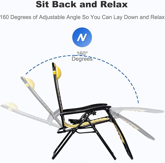 Nazhura Set of 2 Relaxing Recliners Patio Chairs Adjustable Steel Mesh Zero Gravity Lounge Chair Beach Chairs with Pillow and Cup Holder (Yellow Stripe) NazhuraGoodCompanionAtHome