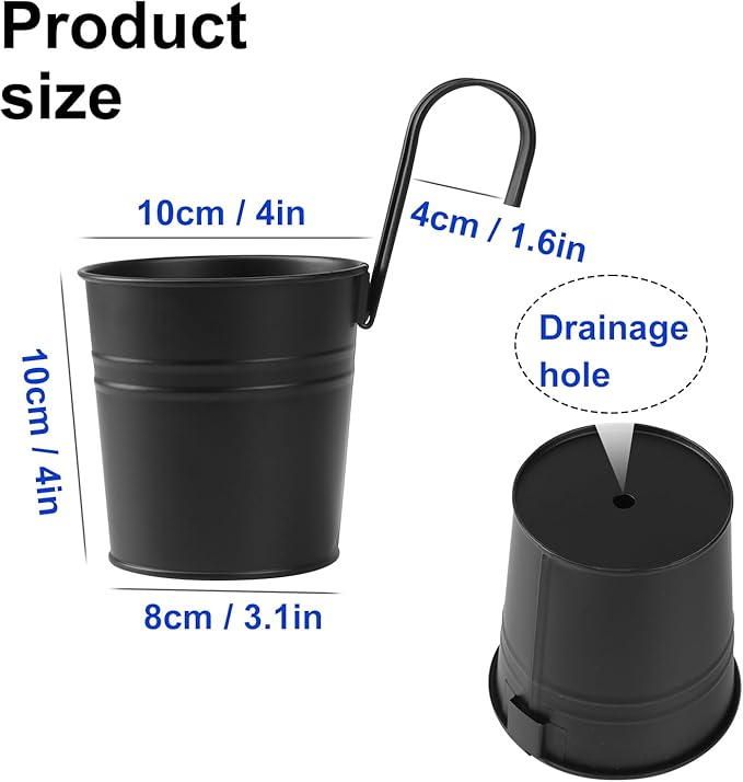 20 Pack 4 Inch Railing Hanging Planter, Black Small Hanging Bucket Planters, Metal Hanging Flower Pots, Metal Railing Bucket for Outdoor, Balcony, Fence, and Porch with Detachable Handles Rootora