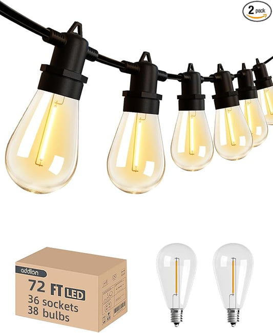 addlon 72FT(2FT Space) LED Outdoor String Lights with 36 Edison Shatterproof Bulbs, Heavy-Duty and Weatherproof Strand, Commercial Grade Patio Lights, Decorative for Patio, Black addlon