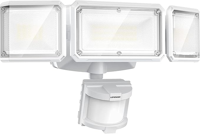 LEPOWER Battery Powered LED Flood Light Outdoor,1500LM Motion Sensor Security Lights, IP65 Waterproof,Wireless Flood Light Battery Operated,3 Head Motion Detector Light for Garage,Yard,Porch(White) LEPOWER