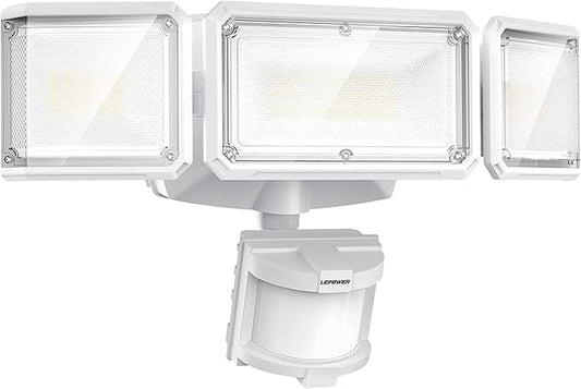LEPOWER Battery Powered LED Flood Light Outdoor,1500LM Motion Sensor Security Lights, IP65 Waterproof,Wireless Flood Light Battery Operated,3 Head Motion Detector Light for Garage,Yard,Porch(White) LEPOWER