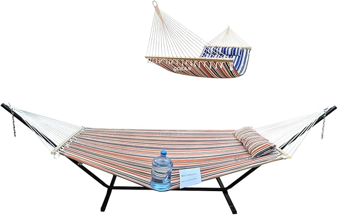 Quilted Fabric Double Hammock Won't flip with Stand and Spreader Bars,Safer and Sturdier,Quality Hammocks for Outdoor Indoor Patio Yard Two Sided Dual use red/Blue GOCAN