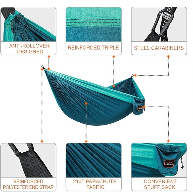 Camping Hammock, Super Lightweight Portable Parachute Hammock with Two Tree Straps Single or Double Nylon Travel Tree Hammocks for Camping Backpacking Hiking AnorTrek