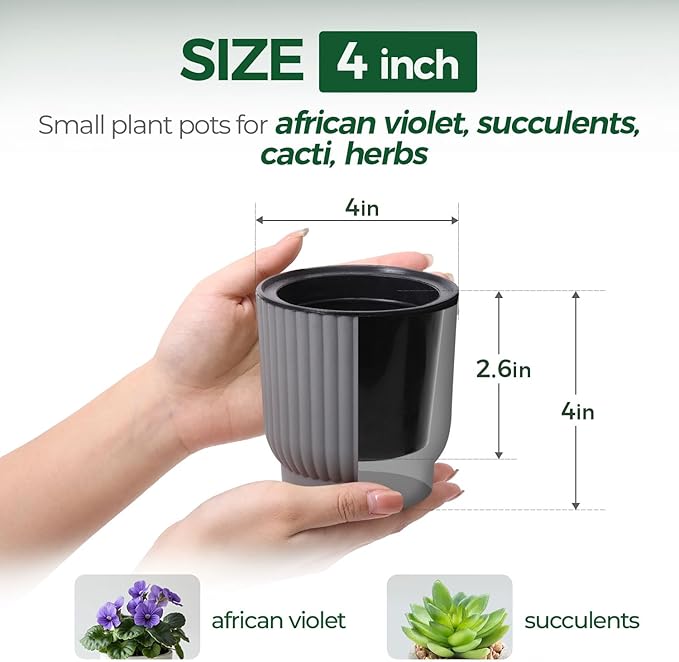 T4U 4 Inch Plant Pots Self Watering, 6 Pack African Violet Pots, Small Plant Pots for Plants, Small Indoor Plant Pot, Self Watering Planter for African Violet, Succulents (6 Pack 4" Pots, Gray) T4U