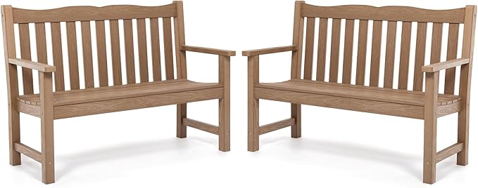Stoog Outdoor Benches Set of 2, 2-Person Poly Lumber Garden Bench with Real Wood Look, Never Fade & Rust-Proof, All-Weather for Patio, Porch, Deck, and Backyard, Teak Stoog