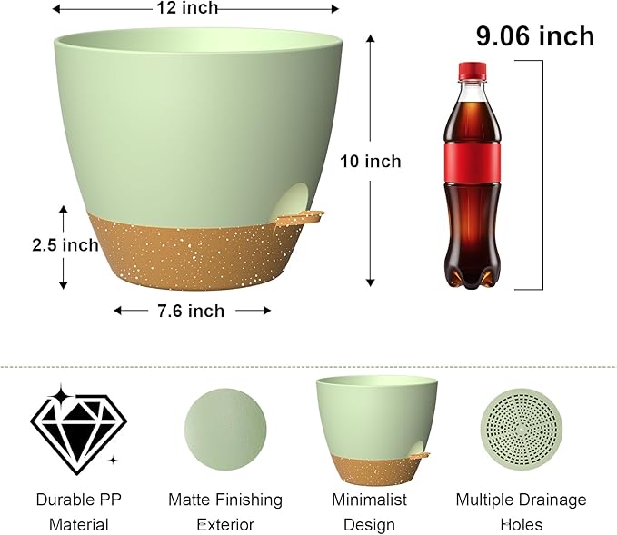 12 Inch Large Self Watering Pots, Flower Pots with Multi-Mesh Drainage Holes and Saucer, Planters for Indoor and Outdoor Garden Plants (Green with Brown) Rootora