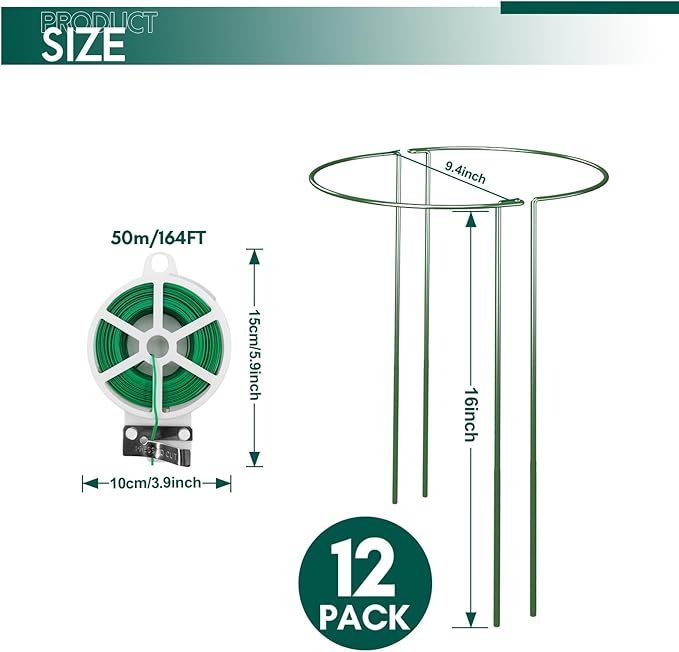 12 Pack Garden Plant Support Stakes, Half Round Peony Cages and Supports, Metal Garden Support Ring, Border Support for Outdoor Indoor Plants, Peony, Hydrangea,Tomato, Monstera LKSSZS