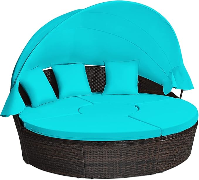 Tangkula Patio Round Daybed with Retractable Canopy, Outdoor Wicker Rattan Furniture Sets, Sectional Cushioned Sofa Set w/Height Adjustable Coffee Table, Rattan Conversation Sets (Turquoise) TANGKULA