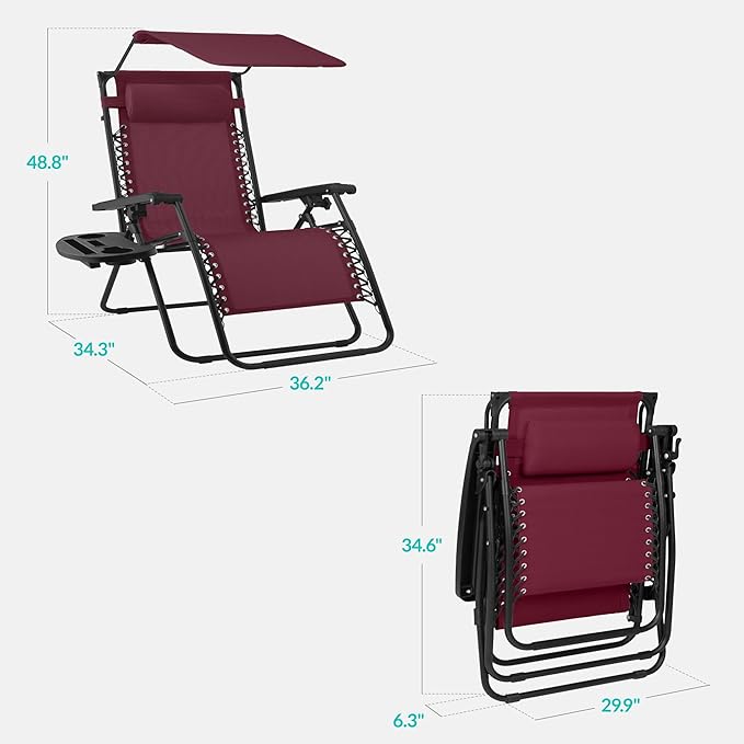 Best Choice Products 30” Wide Folding Zero Gravity Outdoor Recliner Patio Lounge Chair w/Adjustable Canopy Shade, Headrest, Side Accessory Tray - Burgundy BestChoiceProducts