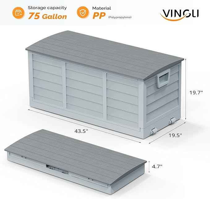 VINGLI 75 Gallon Collapsible Outdoor Storage Box, Simple-to-assemble Plastic Storage Containers with Lid, Patio Deck Box Furniture for Garden, Pool, Balcony, Yard (Grey)
