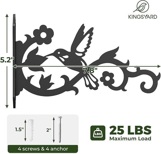 Kingsyard 2-Pack Wall Plant Hangers Outdoor Indoor, 8 Inch Heavy Duty Solid Metal Brackets with Bird Design, Anti Rust Plant Hooks for Plants, Bird Feeders, Lanterns, Wind Chimes, Hummingbird Design Kingsyard