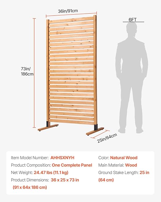 VEVOR Wooden Privacy Screen,36" W x 73" H Outdoor Privacy Screen, Freestanding Wood Privacy Panel with Stand,Outdoor Divider for Balcony Patio Lawn Garden VEVOR
