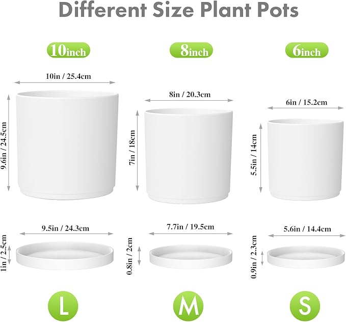 10/8/6 inch Deep Flower Pots, 3 Pack Cylinder Tall Plant Pots for Outdoor Indoor Plants, Large Decorative Plastic Planters with Drainage Holes and Saucers for Garden House Plants, White Meowell