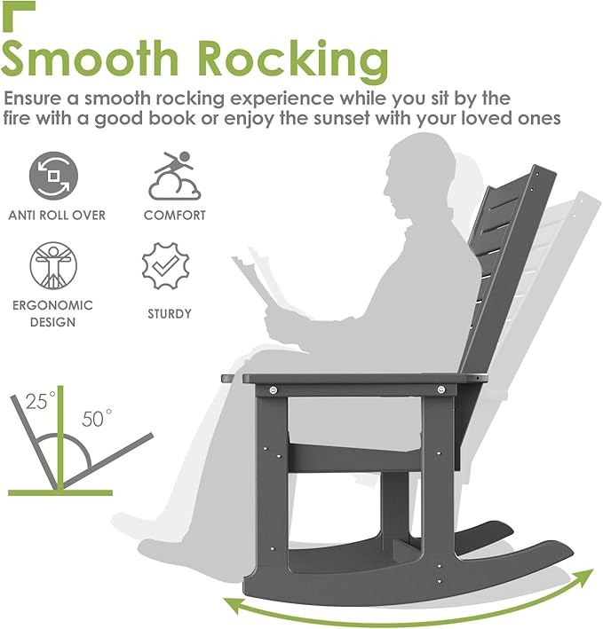 GREENVINES Outdoor Rocking Chairs | Set of 2 | Porch Rocker | HDPE Plastic | Grey | Oversized Rockers | High Back | Big & Tall | Ladder Back | for Patio Outside Backyard Balcony Garden GreenVines