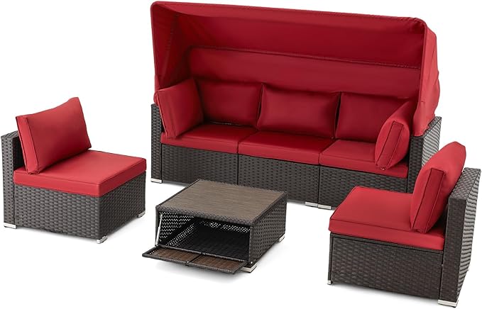 HOMREST 6 Pieces Patio Furniture Sets, Rattan Daybed with Retractable Canopy, Outdoor Sectional Sofa Set with Adjustable Backrest, Chaise Chair Sunbed for Garden Poolside Backyard(Red) HOMREST