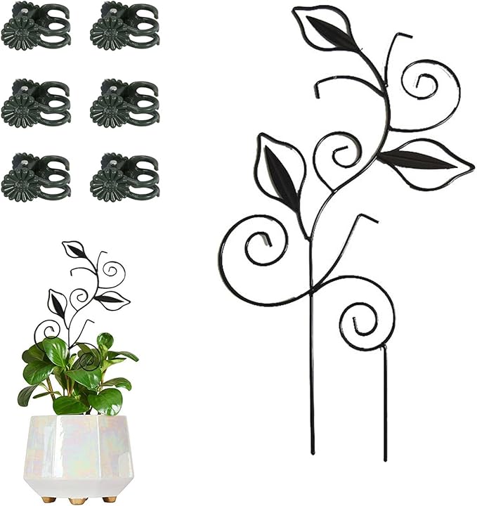 Decorative Metal Plant Trellis for Indoor Potted Plants – Leaf Shape Vine Support Stakes with 6 Plant Clips, Black/Green/Gold Garden Trellises for Climbing Plants, Vines (Black 1pc) Rootora