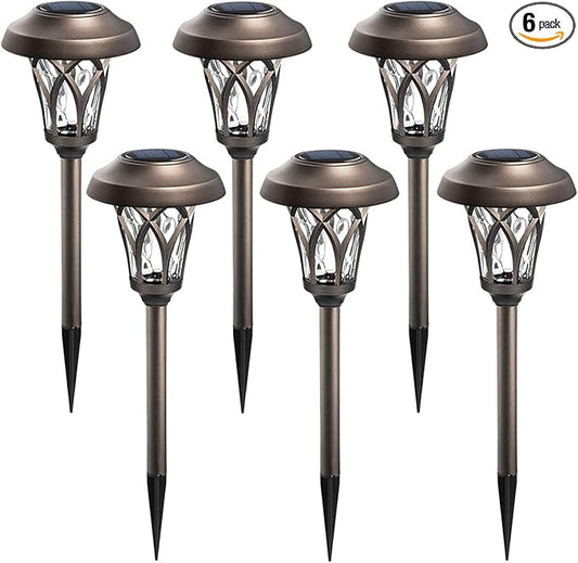 GIGALUMI 6 Pack Solar Pathway Lights Outdoor, Metal Glass & ABS Solar Landscape Lights Waterproof IP65, Warm White Solar Powered Garden Lights for Yard Patio Walkway Driveway (Brown) GIGALUMI
