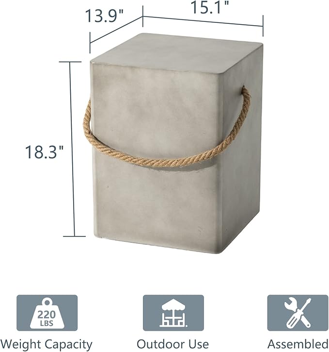 COSIEST Set of 2 Concrete Side Table, Rectangular Outdoor Side Table w Hemp Rope Handles,15''Patio Side Tables End Table, Outdoor Accent Side Table for Garden and Patio, Grey COSIEST