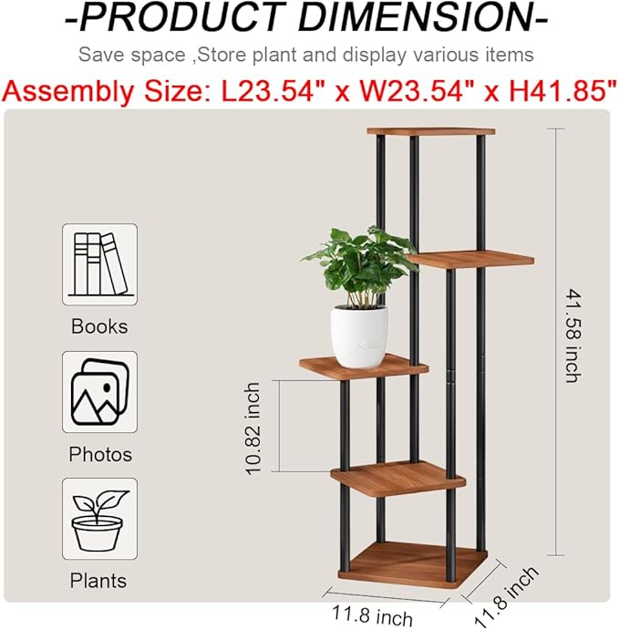 AZERPIAN Plant Stand 5 Tier Indoor Metal Flower Shelf for Multiple Plants Corner Tall Flower Holders for Patio Garden Living Room Balcony Bedroom, Walnut (5 Tier-Walnut) AZERPIAN