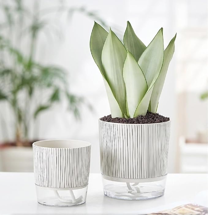 Self Watering Pots for Indoor Plants, Flower Pots, Self Watering Plant Pot-2pcs 4+5.3inch Black Stripes Etvski