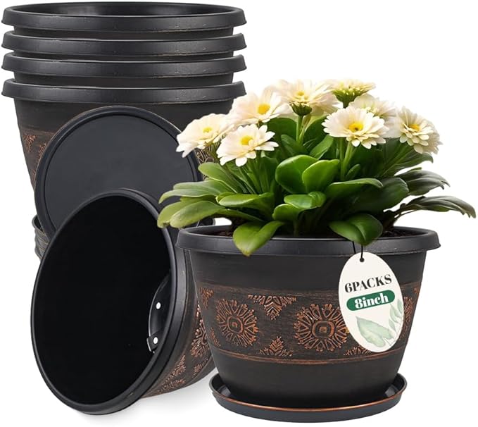 6 Pack 8 inch Plant Pots, Retro Pattern Planters with Drainage Holes and Saucer, Sturdy Plastic Garden Flower Pots for Indoor & Outdoor Plants Usocik