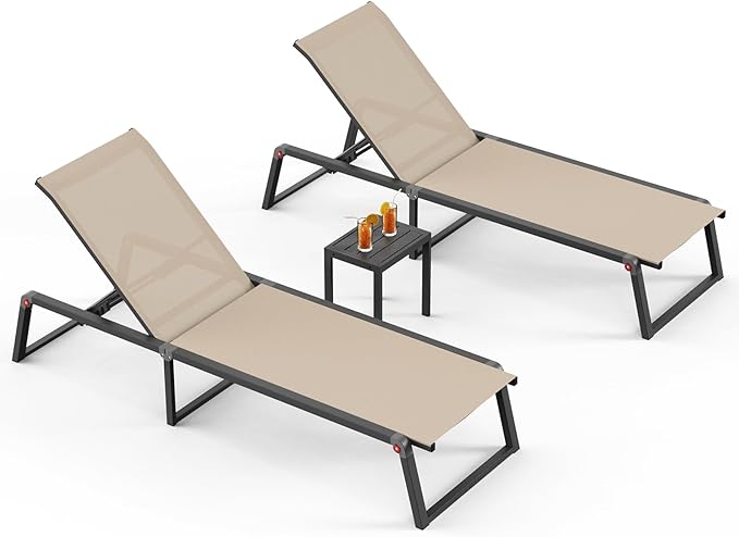 Aluminum Patio Chaise Lounge Set of 2 with 1 Side Table, Foldable Outdoor Pool Lounge Chairs 5-Position Recliner for Outside Poolside, Fully Grounded Legs Sun Lounger for Beach, Yard, Khaki Oasbira