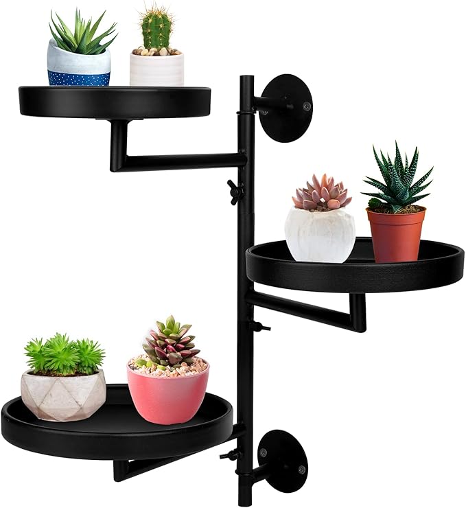 Rotating Window Plant Shelves with Adjustable Knobs, 3 Tiers Metal Wall Shelf for Plants Indoor, Sturdy Hanging Plant Holder, Window Wall Decor & Gardening Gifts (Black) Rootora