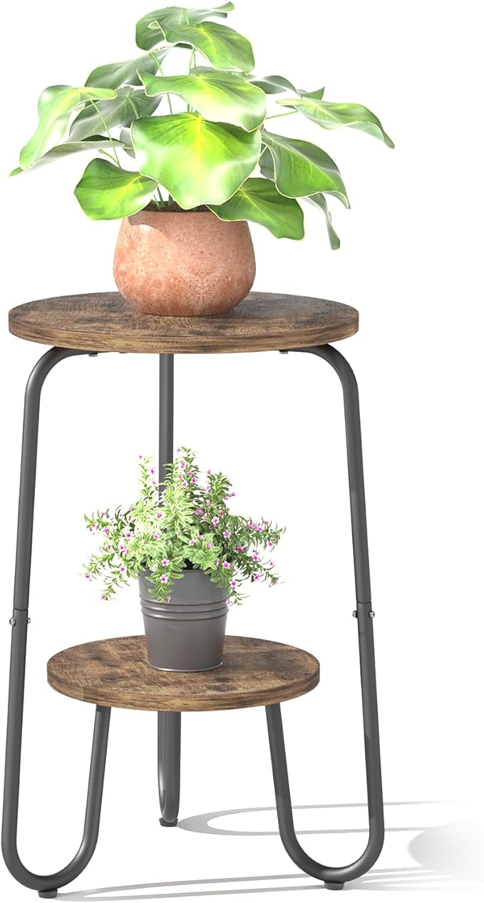 2 Tier Wood Plant Stand Indoor, Small Round Flower Pot Stand, 19.6" Tall Single Plant Holder for Living Room, Balcony, Rustic Brown End Side Table（Rustic Brown） REFGY