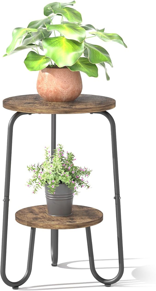 2 Tier Wood Plant Stand Indoor, Small Round Flower Pot Stand, 19.6" Tall Single Plant Holder for Living Room, Balcony, Rustic Brown End Side Table（Rustic Brown） REFGY