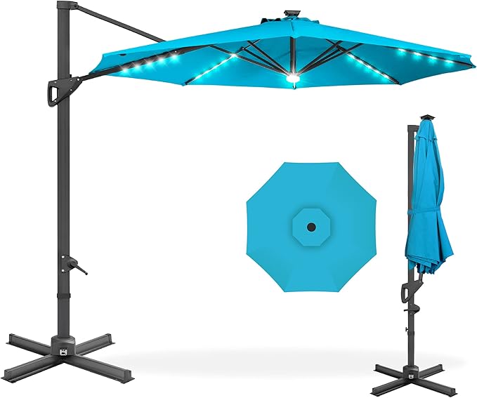 Best Choice Products 10ft Solar LED Cantilever Patio Umbrella, 360-Degree Rotation Hanging Offset Market Outdoor Sun Shade for Backyard, Deck, Poolside w/Lights, Easy Tilt, Cross Base BestChoiceProducts