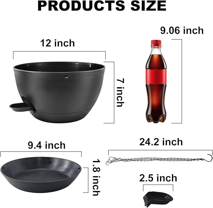12 inch Hanging Planters for Indoor Plants, 2 Pack Self-Watering Hanging Planter Pots with Chain and Drainage Holes, Outdoor Plastic Hanging Baskets for Garden Home Decor (Black, 2pcs/12inch) Rootora