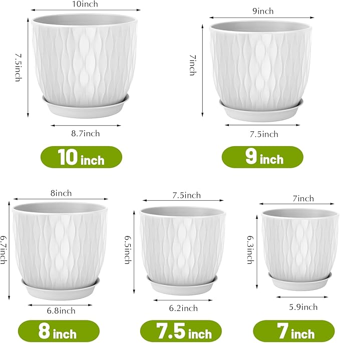 Plastic Plant Pots 10/9/8/7.5/7 inch Set of 5, Flower Planters with Drainage Holes and Saucers, Plastic Pots for Indoor Outdoor Plants, Livingroom Garden Decor (White) LesOasis