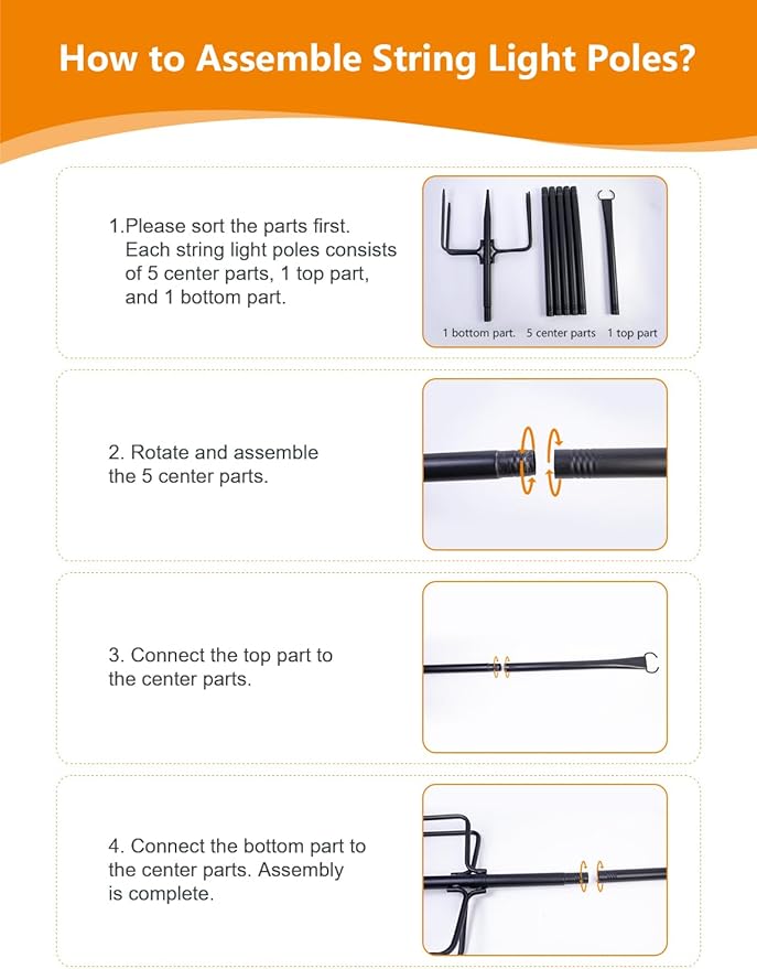 6 Pack 9FT String Light Poles for Outdoor,Metal Lights Hanging Pole Outside with Fork,Light Stand for Patio, Pergola, Garden, Backyard, Yard, Camping Party Rootora