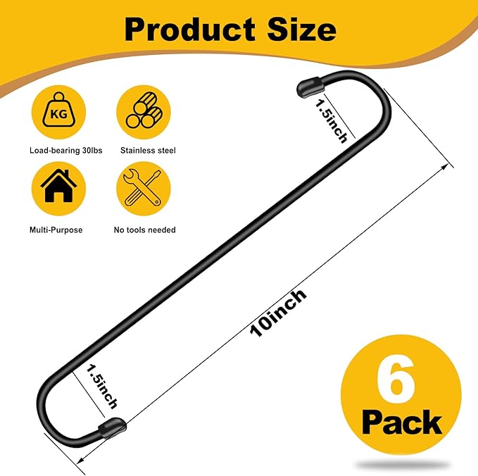 6 Pack 10 Inch Large S Hooks for Hanging Plants,Black Extra Matel Heavy Duty Hook for Hang Brsket,Bird House,Clothes,Kitchenware Dpyrrhic
