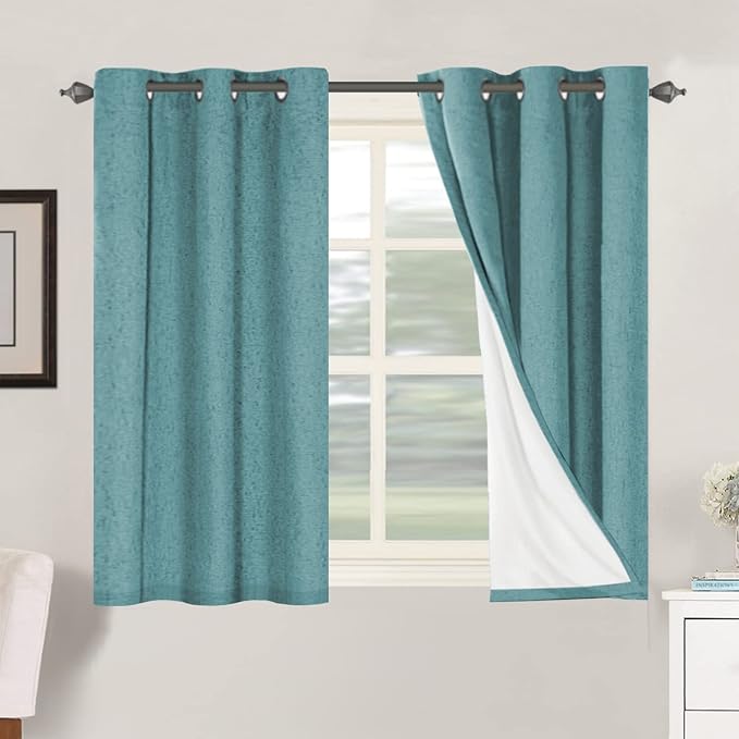 H.VERSAILTEX Primitive Linen Curtains 100% Blackout Curtain Drapes Burlap Fabric Curtains with White Thermal Insulated Liner, Grommet Top Curtain Living Room/Bedroom (2 Panels, 42 x 45 Inch, Teal) HVERSAILTEX