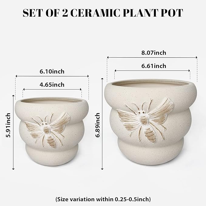 Terracotta Pots with Drainage Holes Bee Decor, Ceramic Pots for Indoor Plants Flower Pots Outdoor, Succulent, Herbs, Snake Plants (Beige, 8+6 Inch) YBXYIBOXUAN