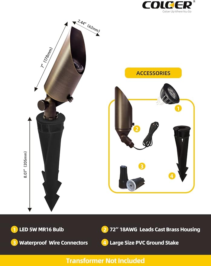 COLOER Brass Landscape Spotlights, 6 Pack Spotlight Fixture Outdoor with 5W Aluminum Housing MR16 LED Bulb 2700K 450LM,12V AC/DC Low Voltage Landscape Lighting,Uplight for Garden and Patio(103B) COLOER