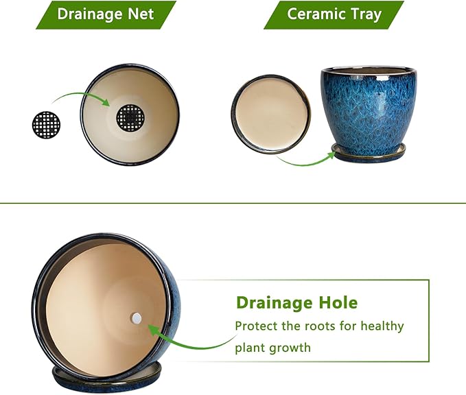 8 Inch Ceramic Planter Pot with Drainage Hole and Saucer, Ceraimc Plant Pot Round Flower Pot for Indoor Plants Outdoor Garden Planter, Blue EPFamily