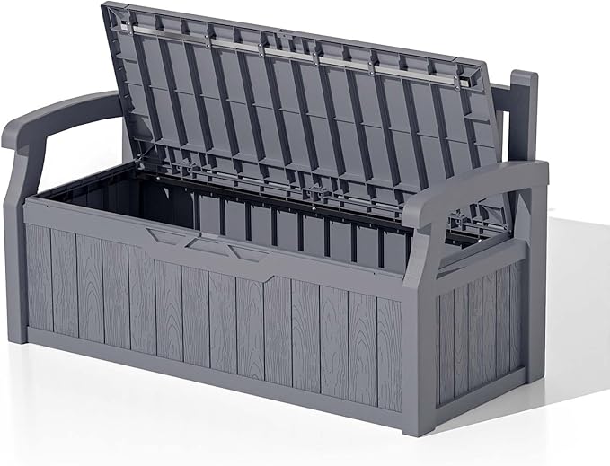 Patiowell 75 Gallon Plastic Storage Bench, Water-Resistant Deck Box for Patio Furniture, Garden Tools, Pool Storage and Outdoor Cushions, Grey Patiowell