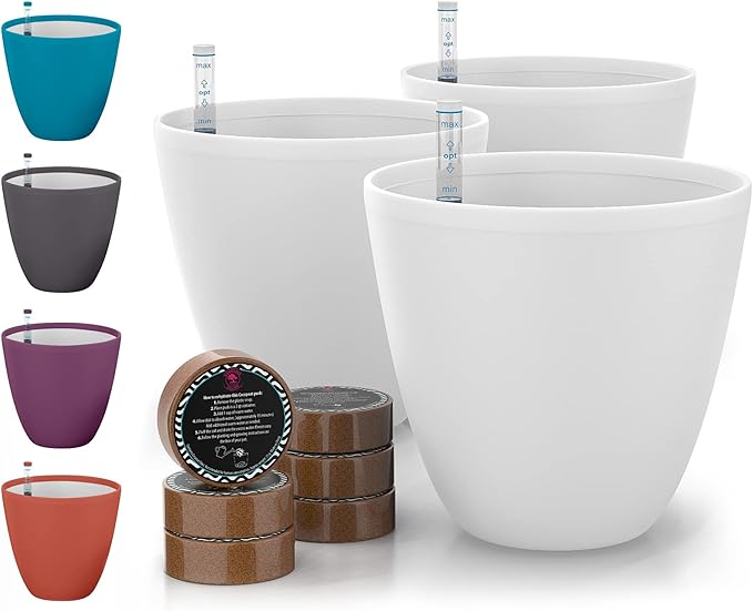 GARDENIX DECOR Self Watering Pots for Indoor Plants 3 Pack - Flower Pot with Water Level Indicator for Plants, Grow Tracking Tool - Self Watering Planter Plant Pot - Coco Coir - White Rootora