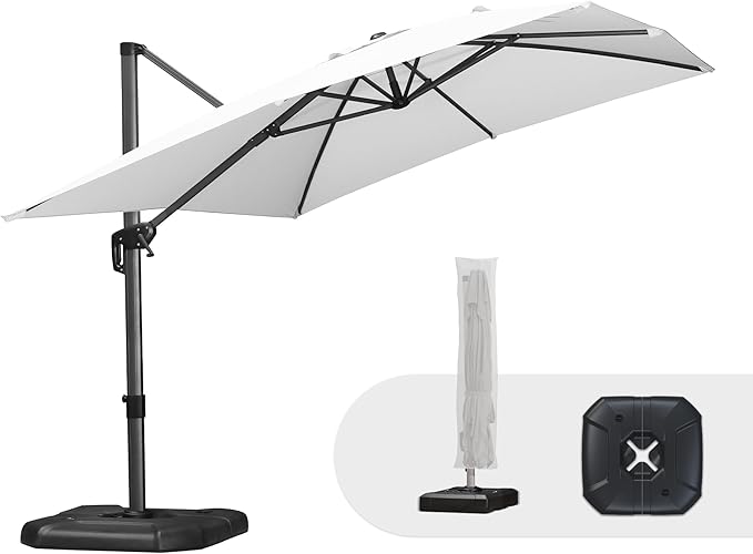 PURPLE LEAF 9'×11.5' Cantilever Patio Umbrella with Base Rectangle Offset Outdoor Umbrella Cover with Zipper for Garden Deck Pool White PURPLELEAF