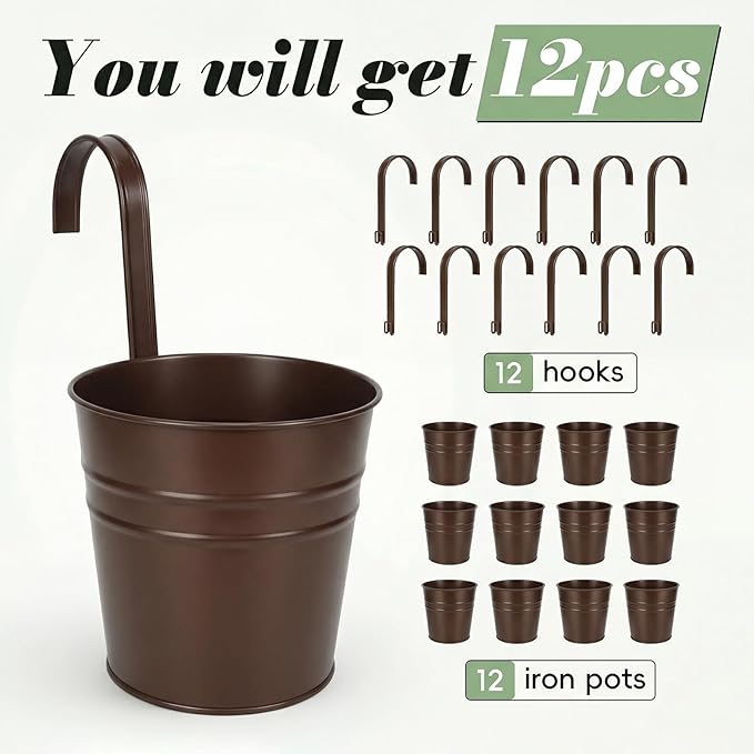 HowRU Hanging Flower Pots, Railing Planter Box for Outdoor Plants 12 Pack 5 Inch Metal Hanging Planters with Detachable Hooks Balcony Window Fence Garden Decoration Flower Boxes(Bronze(5in)) HowRU