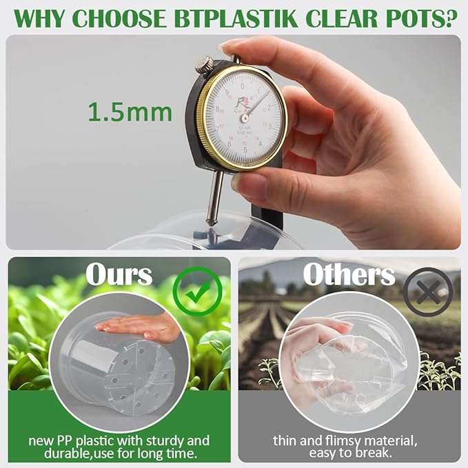 12 Pack 7 Inch Clear Nursery Pots with Saucer, Transparent Plastic Plant Pots with Drainage Holes, Sturdy Plant Starter Pots, Planter Pot for Planting Succulent Flower Herb Vegetable, Gardening Gifts BTPLASTIK