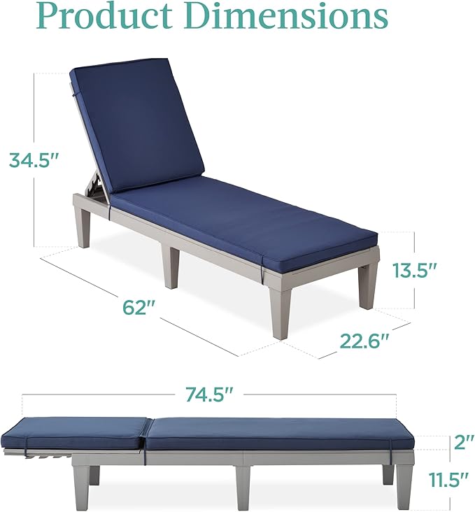 Best Choice Products Outdoor Lounge Chair, Resin Patio Chaise Lounger for Poolside, Backyard, Porch w/Seat Cushion, Adjustable Backrest, 5 Positions, 330lb Capacity - Gray/Navy BestChoiceProducts