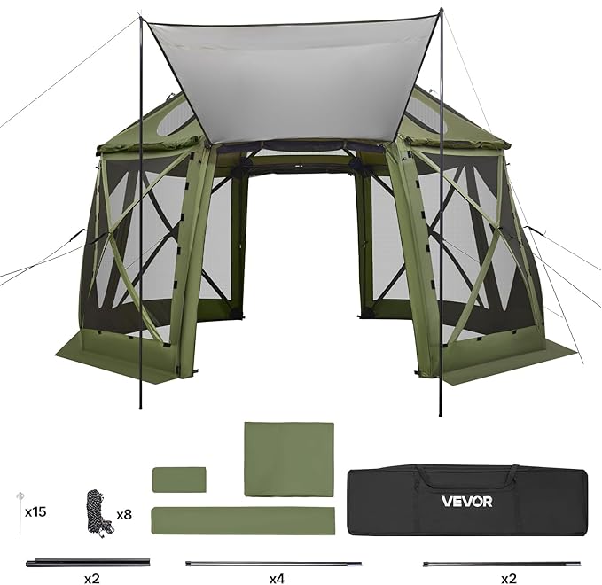 VEVOR Pop up Gazebo Screen Tent, 13 x 13 ft, 13-Sided Spherical Camping Canopy Tent with Removable Top & Carry Bag, Quick-Set & Bite-Proof, Screen House Sun Shelter for 10-12 Persons, Green VEVOR